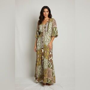 Boho Patchwork Maxi Dress in Olive Green